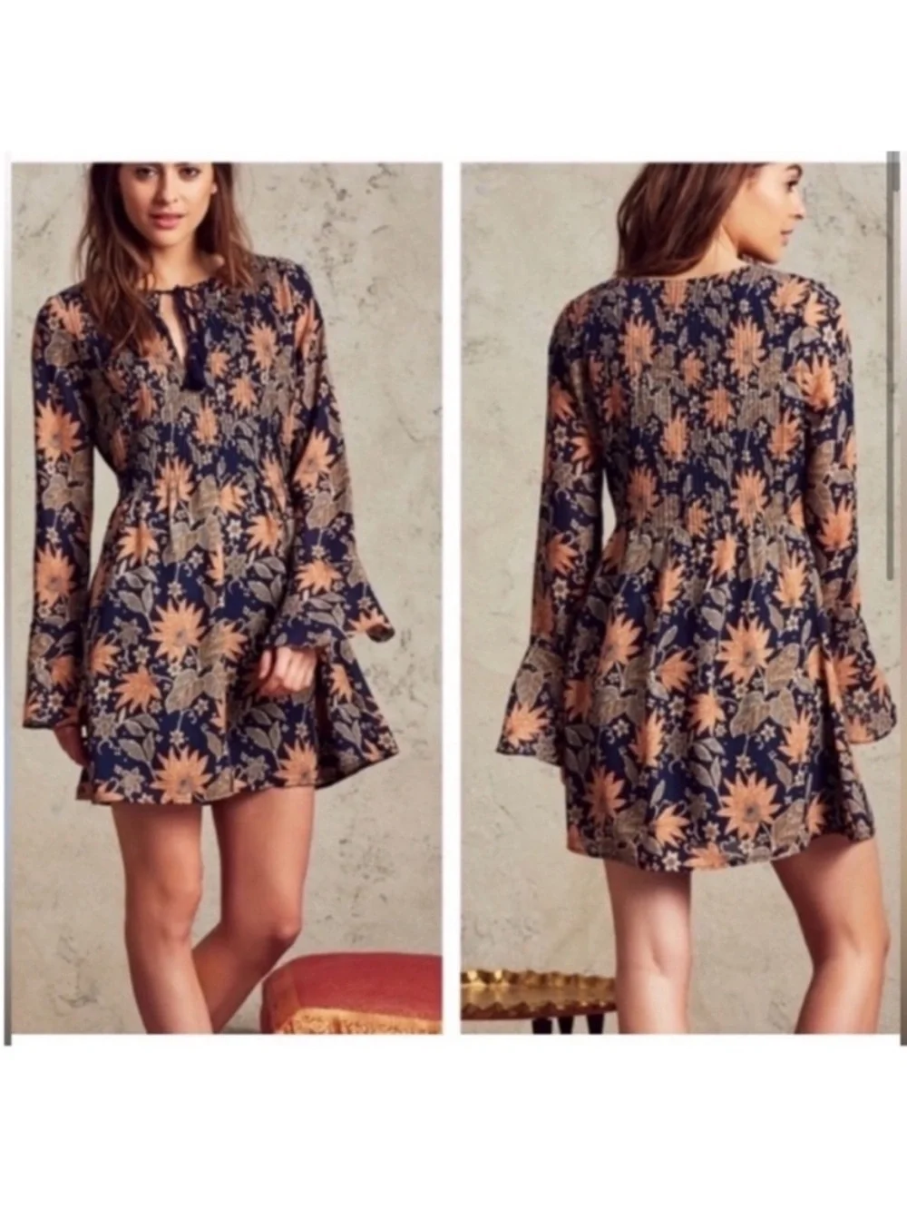 Tularosa Audrey Himalayan Floral Print Boho Navy Dress Size Small